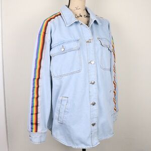 Stoosh Women's Size Large Blue Denim Shirt Jacket Rainbow Stripe Pockets Pride